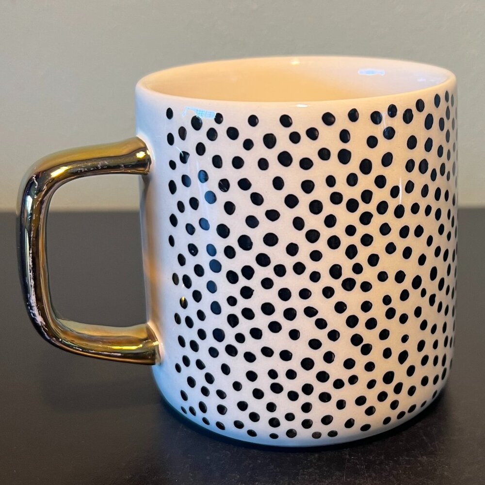 THYME & TABLE Black Polka Dot Stoneware Mug Cup Metallic Gold Rectangular Handle